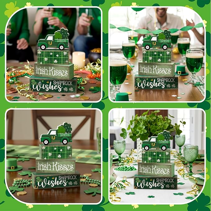4 Pcs St Patrick's Day Table Decoration Wooden Shamrocks Truck St