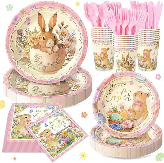 168PCS Happy Easter Party Supplies, Bunny and Eggs Paper Plates