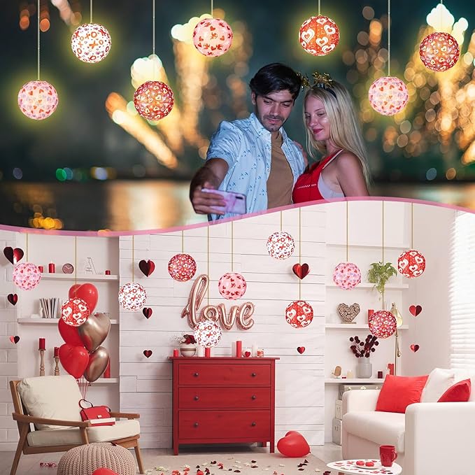 12 Pcs Valentine's Day Paper Lanterns Party Decorations Pink Heart