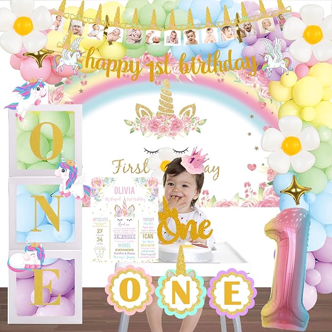 Unicorn 1st Birthday Decorations Girl's First Birthday Party Pack