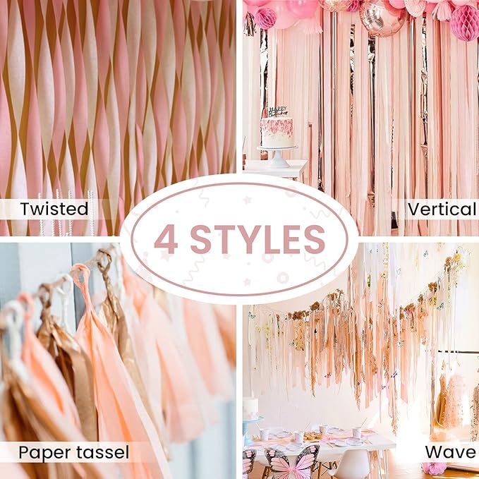 PartyWoo Rose Gold Crepe Paper Streamers 6pcs 492ft Pack of Metallic
