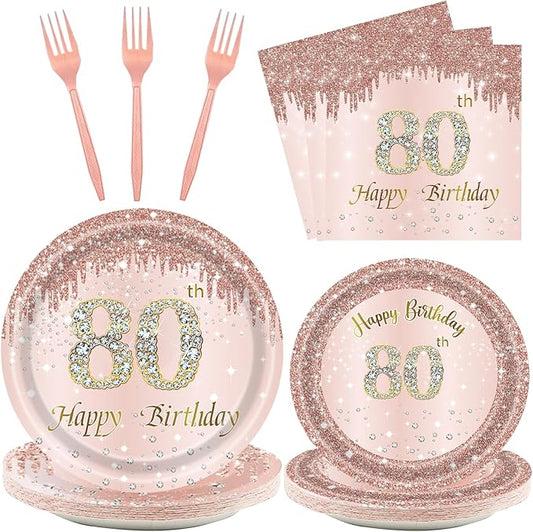 24 Sets 80th Rose Gold Birthday Party Decrations for Women 80