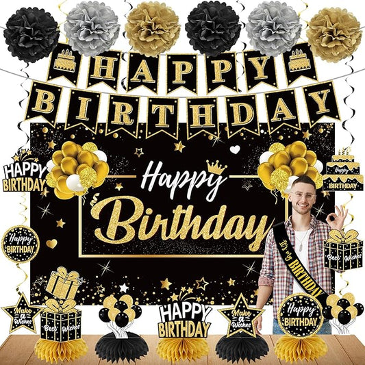 20Pcs Black and Gold Birthday Party Decorations Kit for Men Women