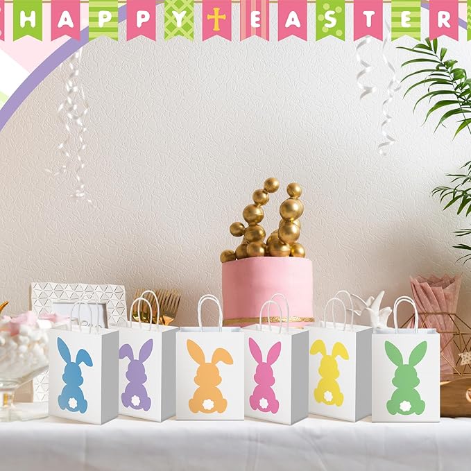 48 Pcs Easter Bunny Bags Bulk for Gifts Goodies with Handles Paper
