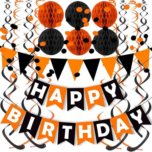 Fecedy Black Orange Happy Birthday Banner Paper Triangle Flag Bunting