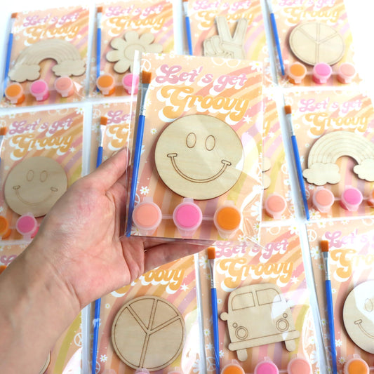BOIKOKY 12 Pack Pre-Packaged Groovy Party Favors, Wooden Retro Cutouts