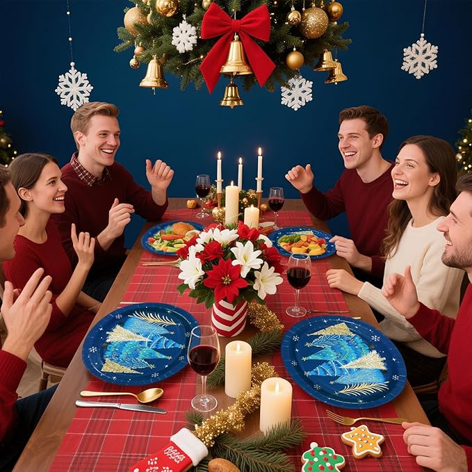 50Pcs Blue Christmas Tree Oval Plates 10” x 12” Christmas Tree Heavy