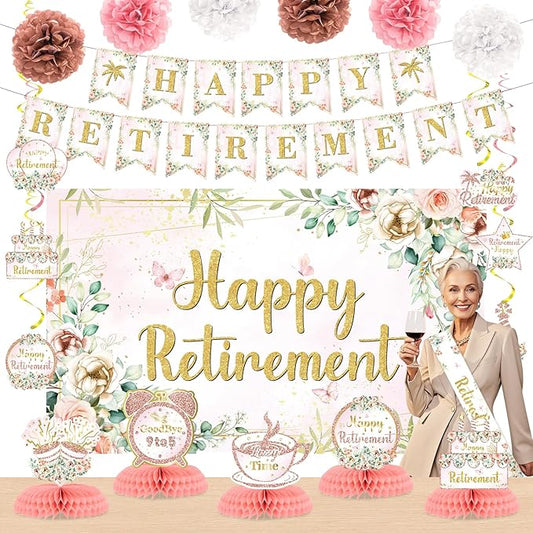 Pink Floral Retirement Party Decorations for Women Happy Retirement