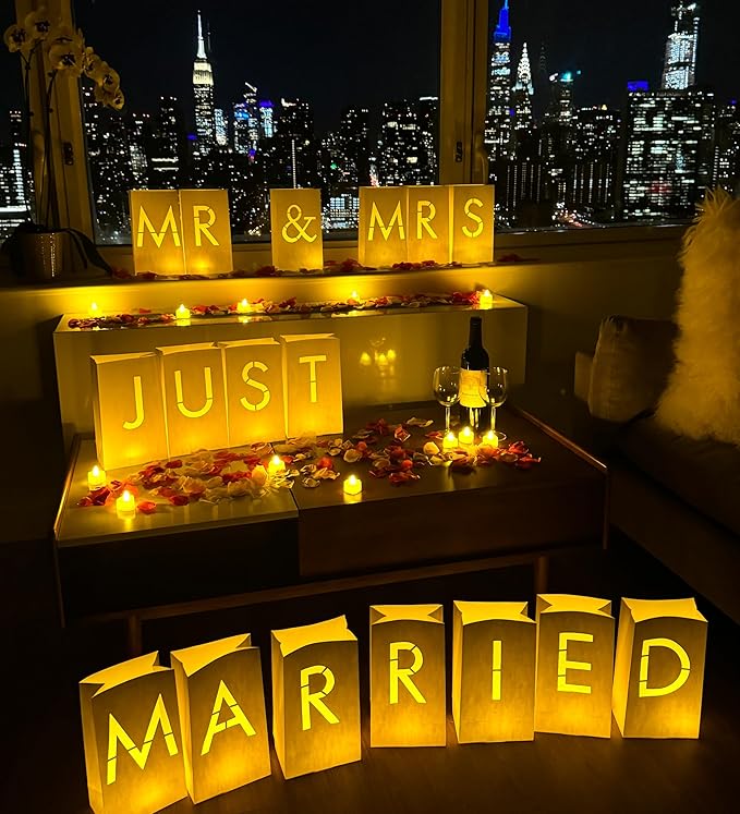 Just Married Light Up Letters with Tea Lights Candles and Rose