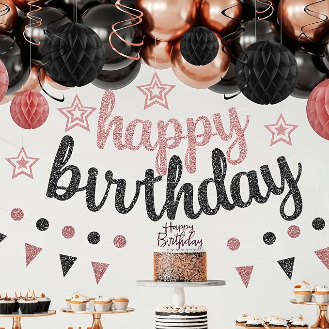 Rose Gold and Black Birthday Party Decorations Set Happy Birthday