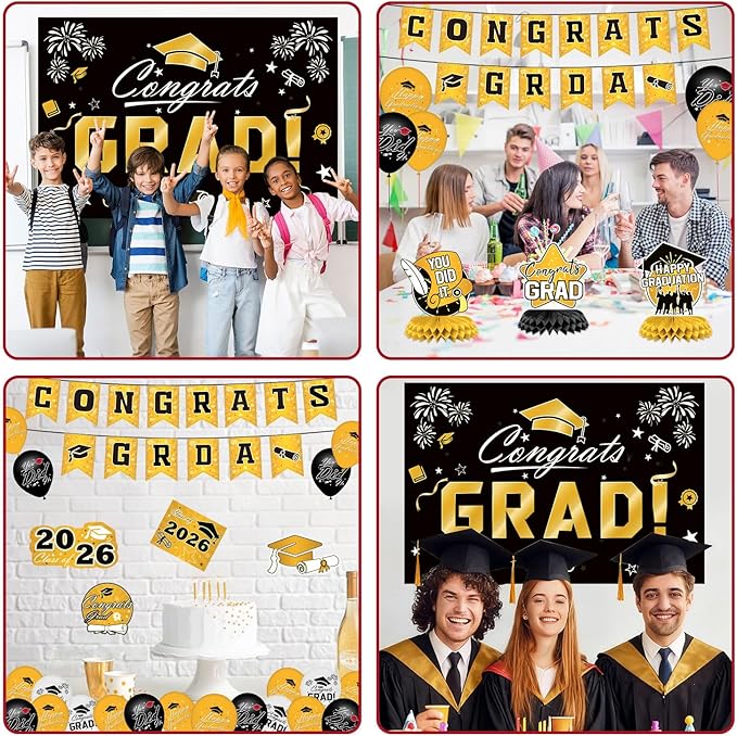 Graduation Decorations 2026 Set - Gold Themed Congrats Grad Banner,