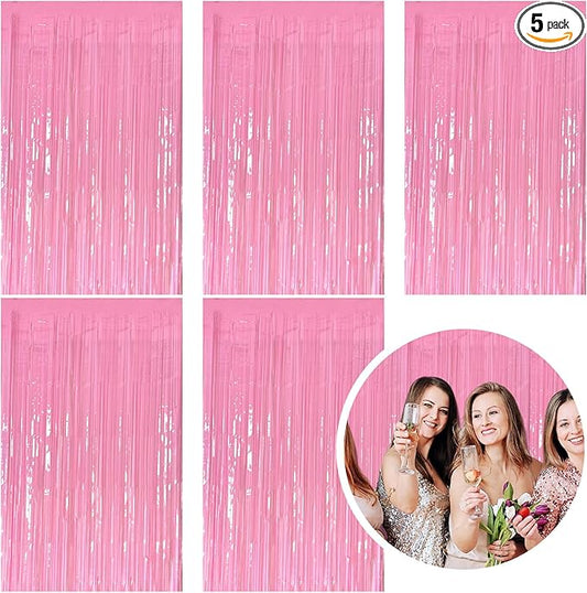 5 Pack Foil Curtain Pink Backdrop Streamers Metallic Tinsel Fringe