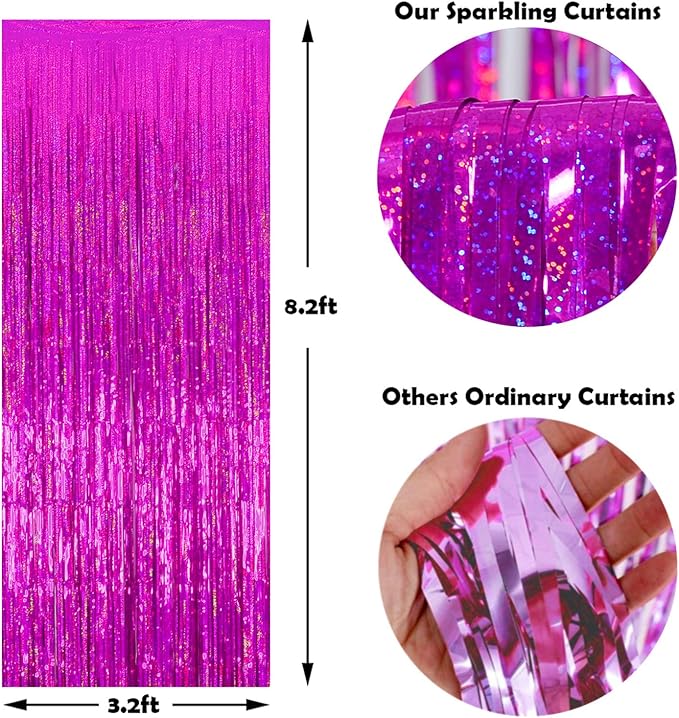 Melsan Hot Pink Tinsel Foil Fringe Curtains, Rose Red Sparkle Photo