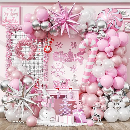 Christmas Balloon Arch Kit Pink and White Silver Balloons Garland