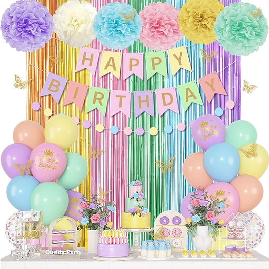 Pastel Birthday Decorations for Women Girls, Rainbow Colorful Printed