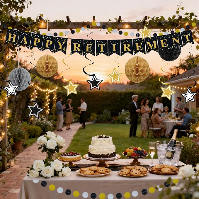 Happy Retirement Party Decorations for Men Women Black Gold Happy