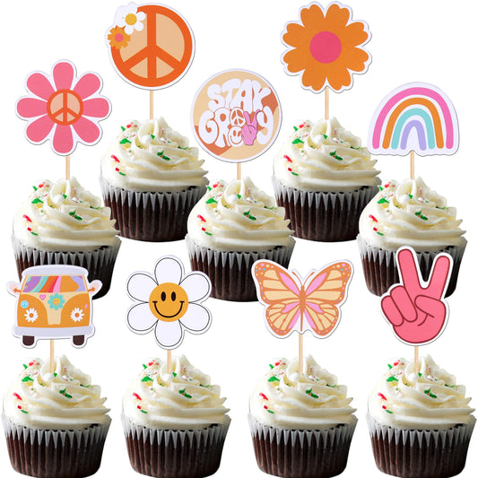 Rsstarxi 36 Pack Groovy Cupcake Toppers Hippie Party Cake Decorations
