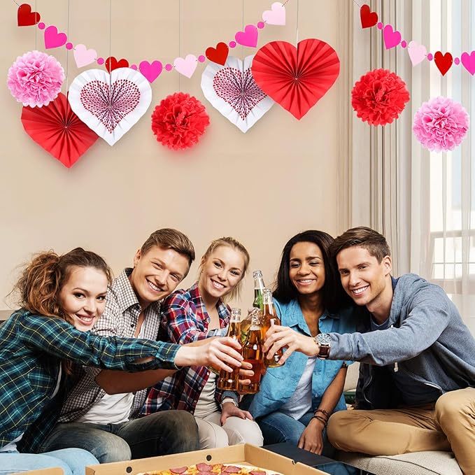 24 Set Valentines Galentines Day Hanging Decoration Kit Red Pink