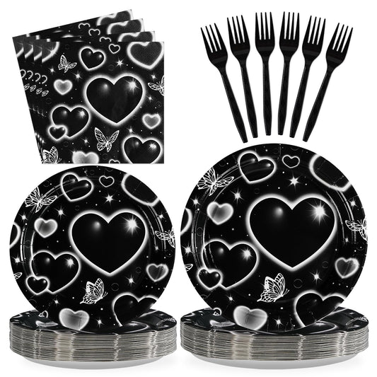Grencian 96 Pcs 2000s Party Plates and Napkins Black Heart Tableware