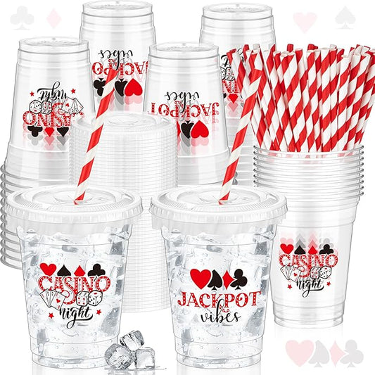 50 Pcs Casino Night Cups 12 oz Disposable Plastic Cups with Straws