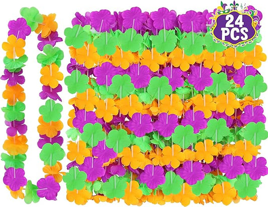 Mardi Gras Leis Accessories, 24PCS Purple Gold Green Silk Flower