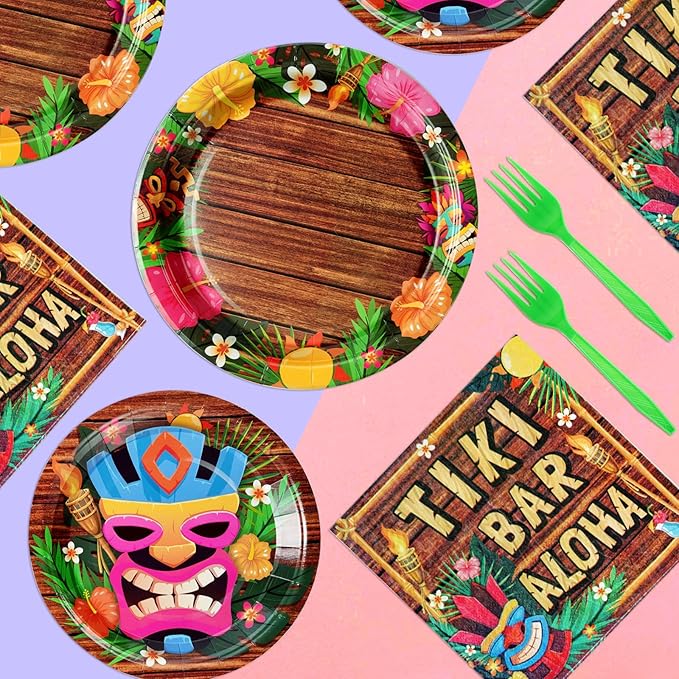96Pcs Hawaiian Tiki Party Supplies Tiki Party Plates Disposable