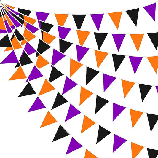 32Ft Orange Black Purple Halloween Pennant Banner Fabric Triangle