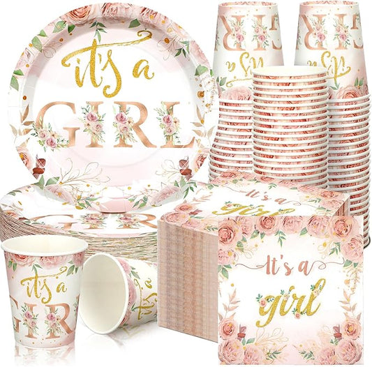 200 Pcs Floral Baby Shower Paper Plates Napkins Cups Baby Shower