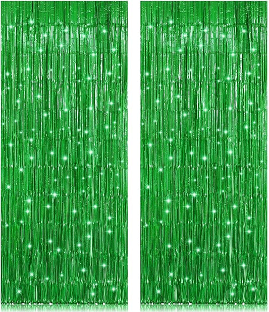 2 Pack 3.2ft x 8.2ft Green Foil Fringe Curtain, Metallic Tinsel Foil