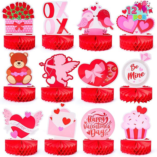 12 Pcs Valentine's Day Honeycomb Centerpieces Table Decorations with