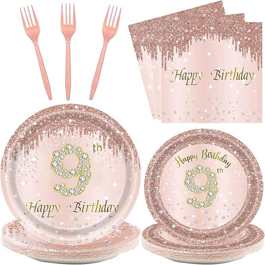 24 Sets 9th Rose Gold Birthday Party Decrations for Girls 9 Birthday