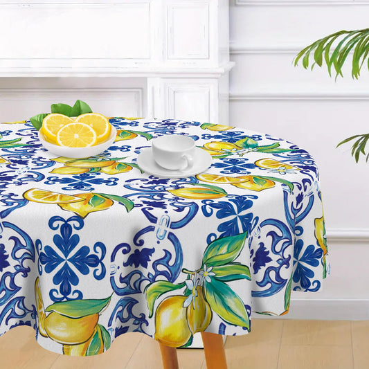 Livcoz Blue Lemon Italy Tile Pattern Round Tablecloth 60 x 60 Inches,