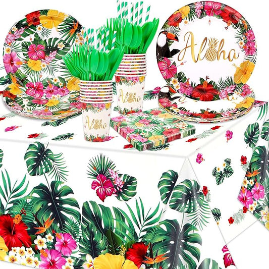 133 PCS Hawaiian Aloha Party Supplies Disposable Dinnerware Set