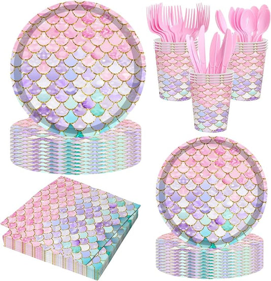 168 Pcs Mermaid Birthday Party Decorations Plates Set for 24 Guests