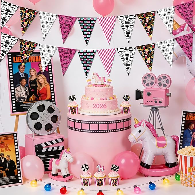 5PCS Pink Movie Night Party Decorations Pennant Banner 49Ft Theater