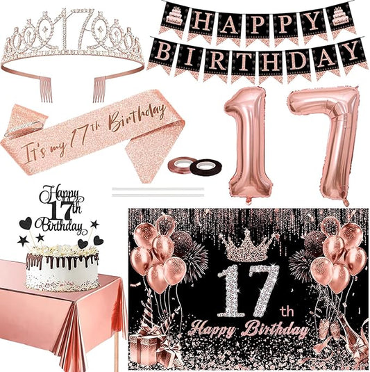 17th Birthday Decorations for Teen Girls Black Rose Gold Party Kit