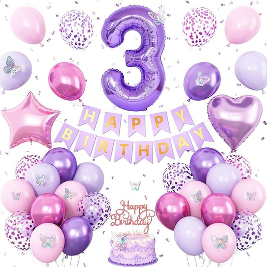 3rd Birthday Decoration for Girls,Pink Purple 3rd Birthday Balloon