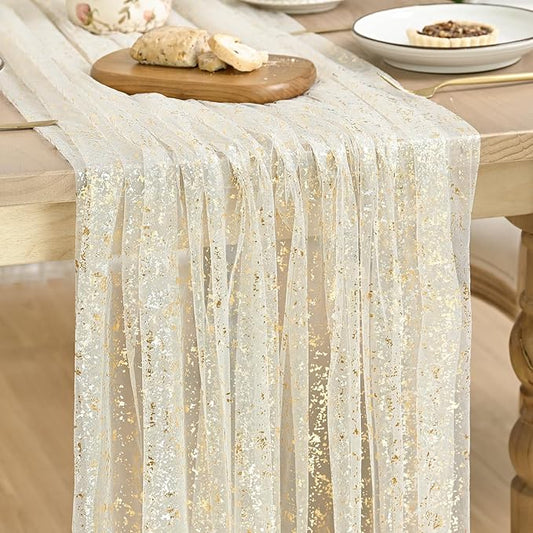 Artoid Mode Beige Gold Gauze Table Runner 59x120 Inch 10FT, Glitter