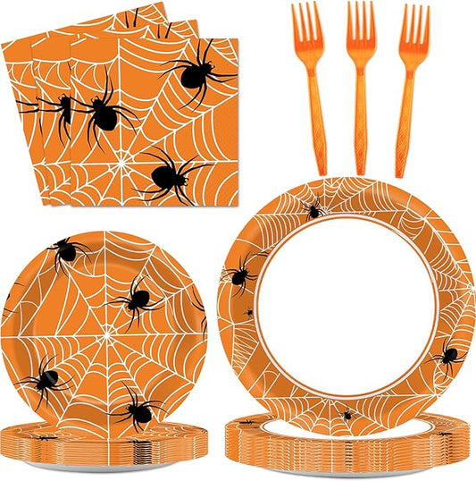 100 Pcs Spiderweb Party Plates and Napkins Black and White Halloween