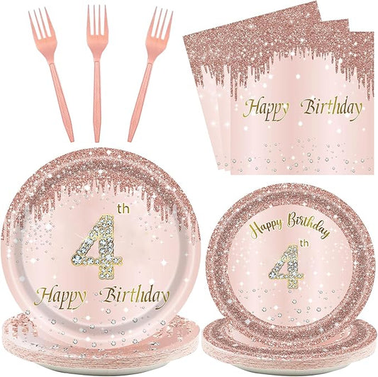 24 Sets 4th Rose Gold Birthday Party Decrations for Girls 4 Birthday