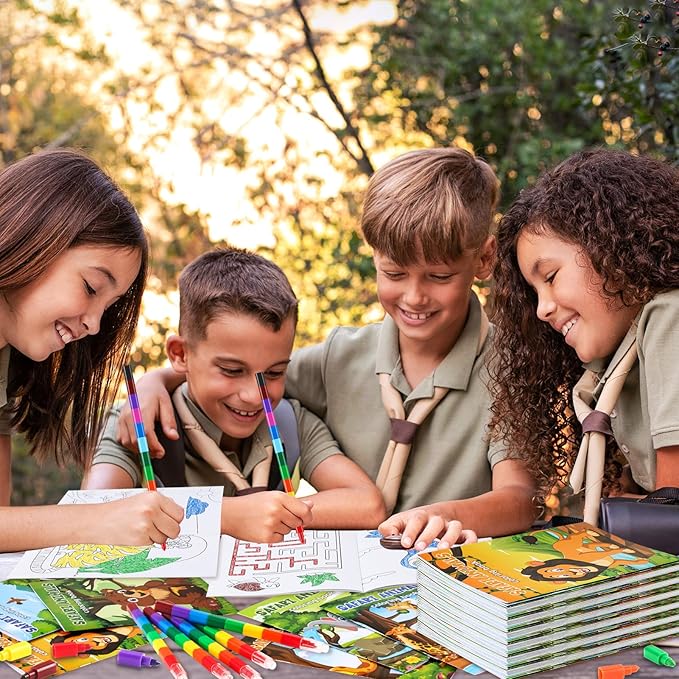 12 Jungle Safari Mini Coloring Books Kids with 12 Stacking Crayons