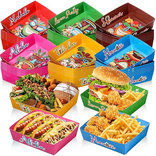 48 Pack Hawaii Party Paper Tray Aloha 5lb Tiki Paper Disposable Boat