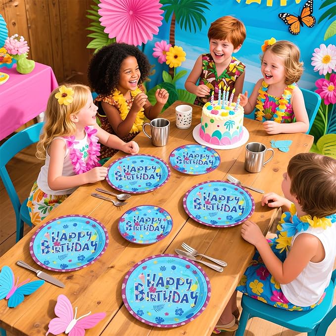 96Pcs Hawaiian Birthday Decorations Tropical Luau Blue Cartoon