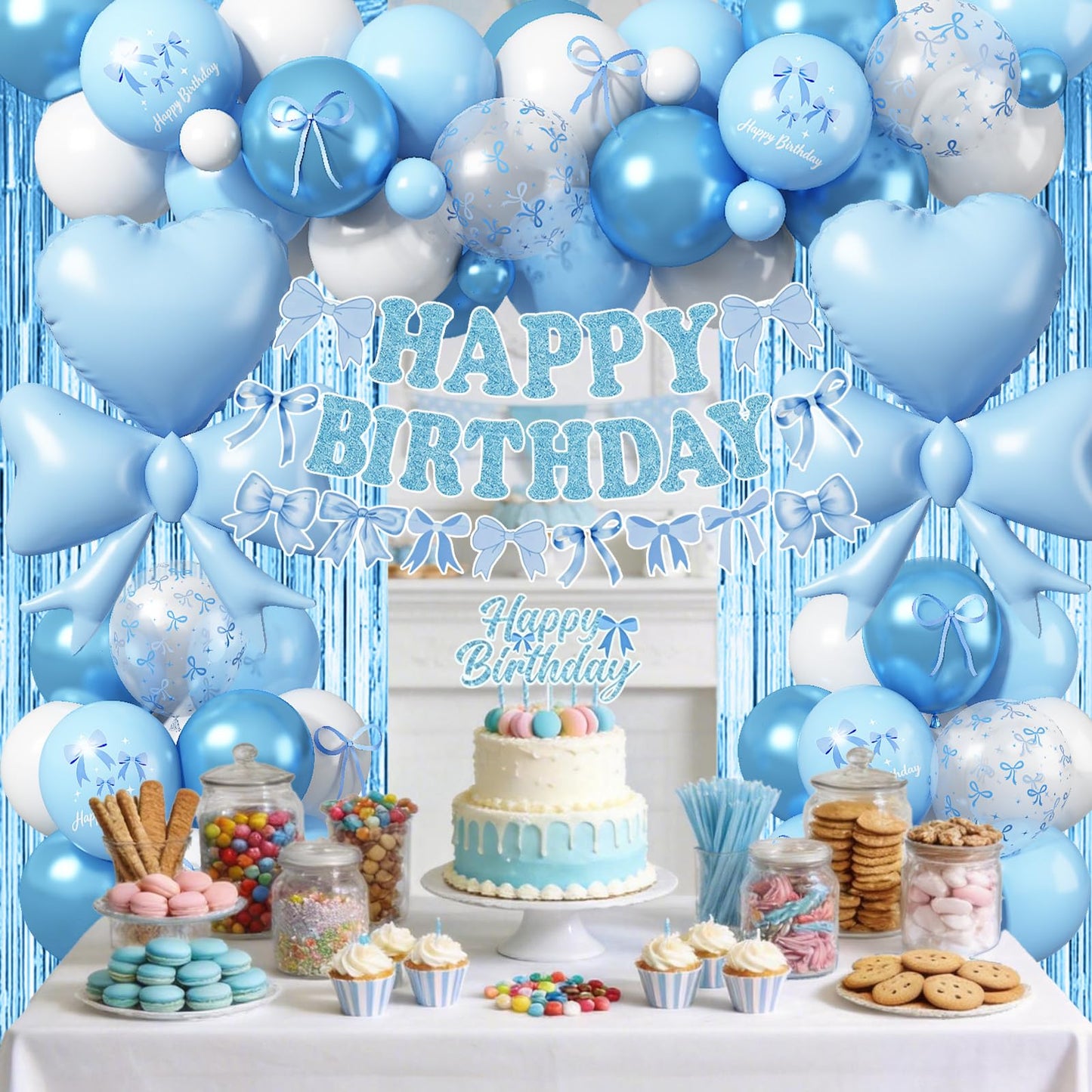 Blue Bow Birthday Party Decorations, Coquette Baby Blue White Bows