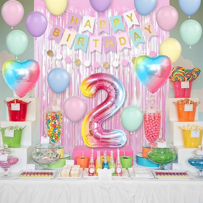 2nd Birthday Decorations Rainbow Gradient Number 2nd Balloon Pastel