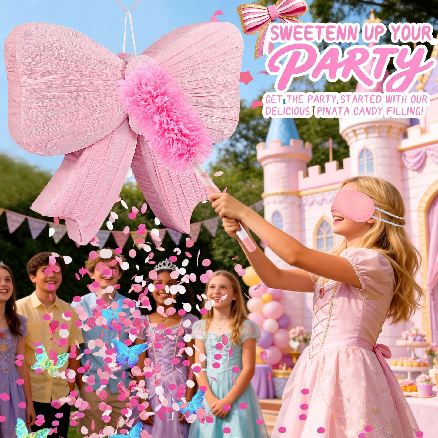 Pink Bow Pinata with Stick and Blindfold, Large Coquette Aesthetic