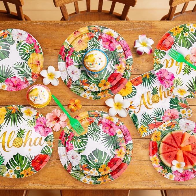 Luau Party Decorations 99Pcs Hawaiian Aloha Party Plates Serve 24