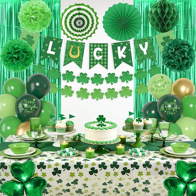 Green Party Decorations, Green Gold Printed Confetti Heart Balloons