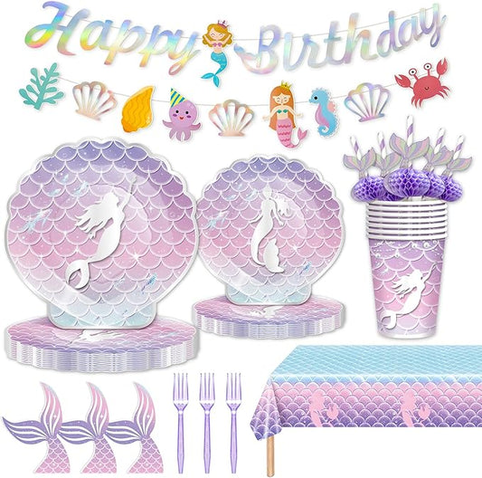 146Pcs Shell Plates and Napkins Iridescent Mermaid Party Supplies