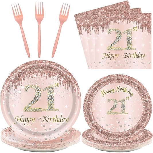 24 Sets 21st Rose Gold Birthday Party Decrations for Women 21